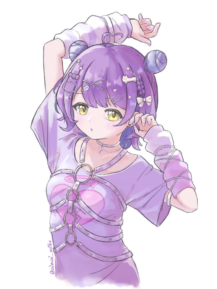 1girl, absurdres, ahoge, aimai_m0ko, arm_up, arm_warmers, bow, braid