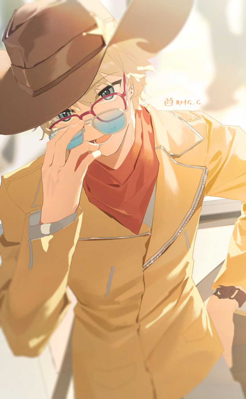 1boy, bandana, bandana_around_neck, bilibili_logo, blonde_hair, blue_eyes, blurry, blurry_background