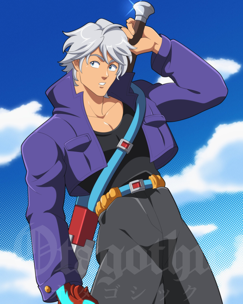 1boy, absurdres, artist_name, black_pants, blue_eyes, blue_jacket, blue_sky, clouds