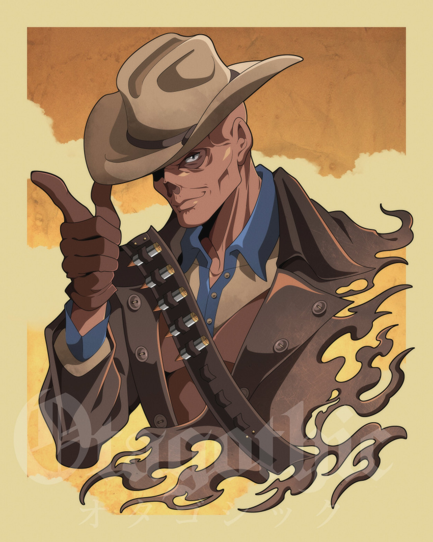1boy, absurdres, artist_name, bandolier, belt, brown_gloves, bullet, cheekbones
