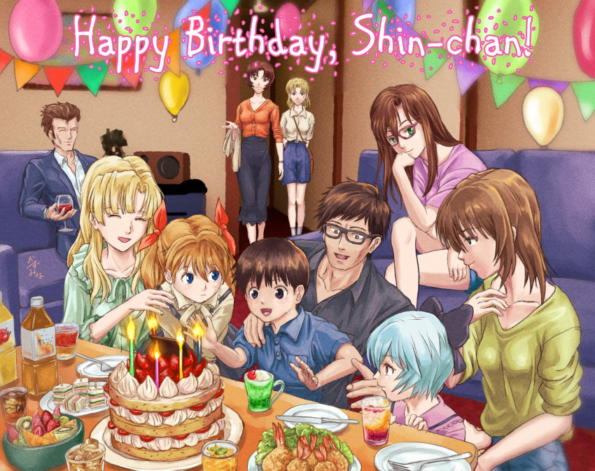 akagi_naoko, akagi_ritsuko, ayanami_rei, balloon, birthday_cake, birthday_party, black-framed_eyewear, black_ribbon