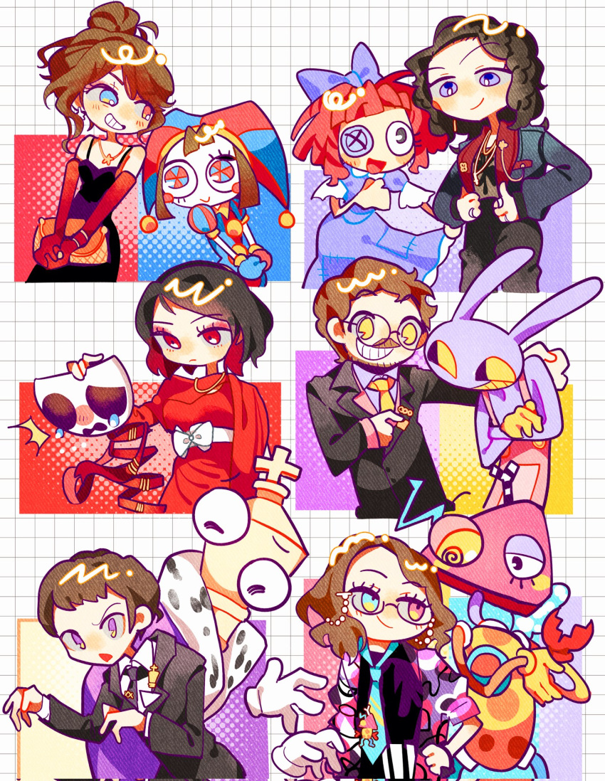 4boys, 4girls, 4others, amanda_hufford, animal_ears, ashley_nichols_(person), bag, belt, black_dress, black_hair, black_jacket, blue_bow, blue_dress, blue_eyes, bow, brown_hair, colored_sclera, commentary, corrupted_twitter_file, dress, elbow_gloves, english_commentary, furry, furry_male, gangle_(the_amazing_digital_circus), glasses, gloves, grid_background, hair_bow, hair_bun, handbag, hat, heterochromia, highres, holding, holding_bag, jacket, jax_(the_amazing_digital_circus), jester_cap, jewelry, kinger_(the_amazing_digital_circus), lizzie_freeman, marissa_lenti, mask, michael_kovach, multicolored_eyes, multicolored_hair, multiple_boys, multiple_girls, multiple_others, necklace, pink_eyes, pomni_(the_amazing_digital_circus), rabbit_boy, rabbit_ears, ragatha_(the_amazing_digital_circus), red_dress, red_eyes, red_gloves, red_hair, sean_chiplock, the_amazing_digital_circus, two-tone_eyes, two-tone_hair, violet_eyes, voice_actor, white_belt, white_bow, yellow_eyes, yellow_gloves, yellow_sclera, yuminan52399, zooble_(the_amazing_digital_circus)