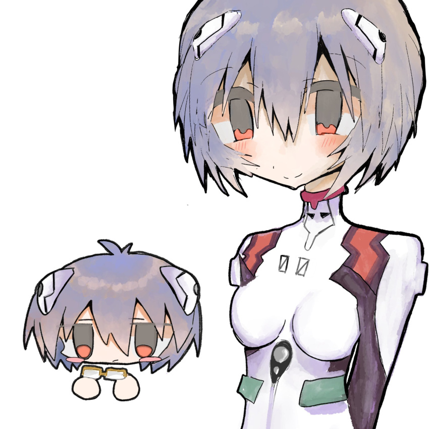 ayanami_rei, blue_hair, blush, commentary_request, hair_between_eyes, highres, holding, holding_removed_eyewear, interface_headset_(evangelion), mecha_pilot_suit, neon_genesis_evangelion, plugsuit_(evangelion), red_eyes, short_hair, skin_tight, smile, u_p_in45, unworn_eyewear
