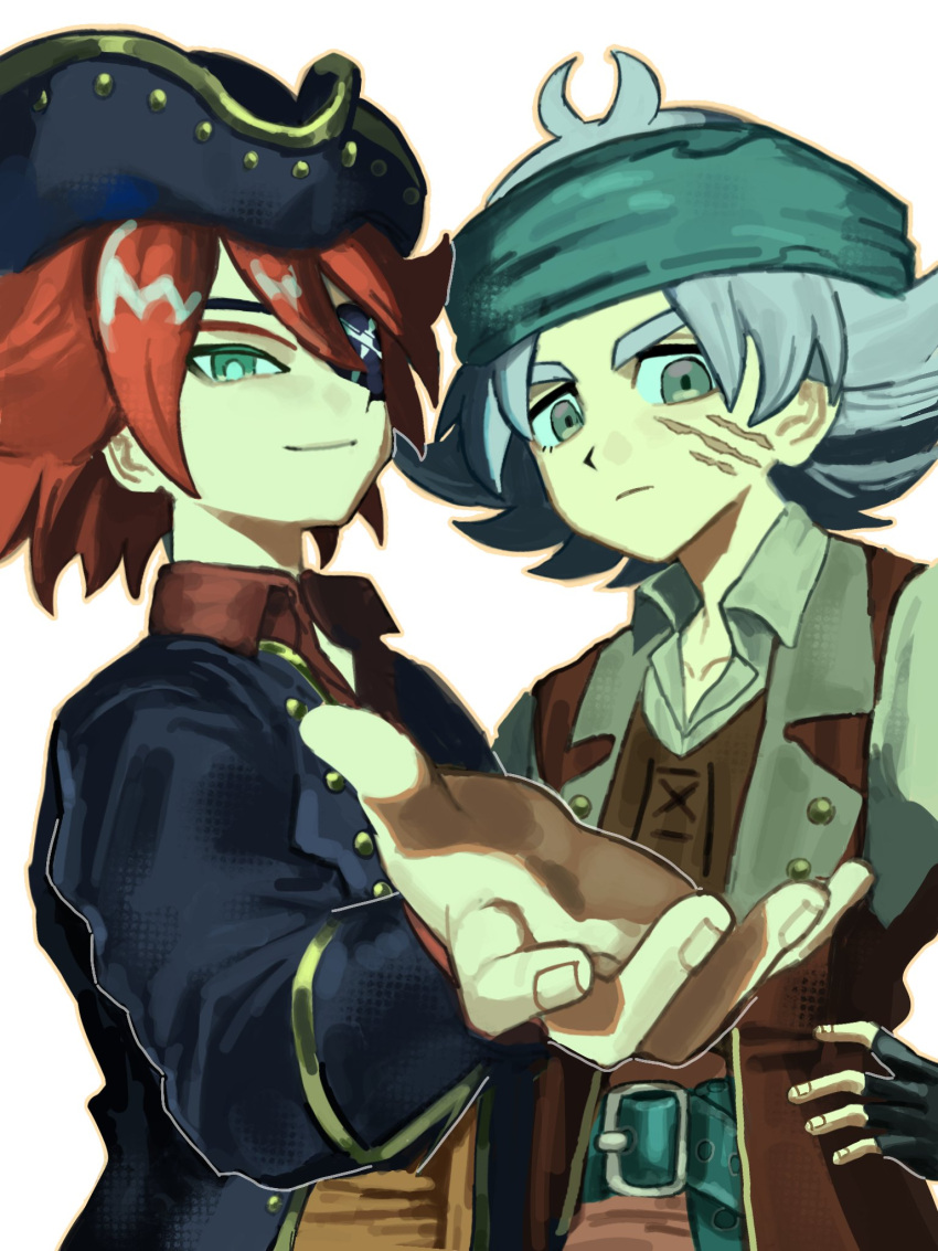 2boys, bandana, belt, bicorne, black_coat, black_gloves, black_hat, brown_coat, coat, collared_shirt, commentary_request, eyepatch, fingerless_gloves, fubuki_shirou, gloves, green_bandana, green_eyes, hat, highres, inazuma_eleven_(series), inazuma_eleven_cross, kiyama_hiroto, light_frown, looking_at_viewer, male_focus, multiple_boys, offering_hand, official_alternate_costume, open_clothes, open_coat, outstretched_arm, pirate_costume, pirate_hat, red_hair, scar, scar_on_cheek, scar_on_face, shirt, short_hair, simple_background, smile, upper_body, white_background, white_shirt, x5z1d