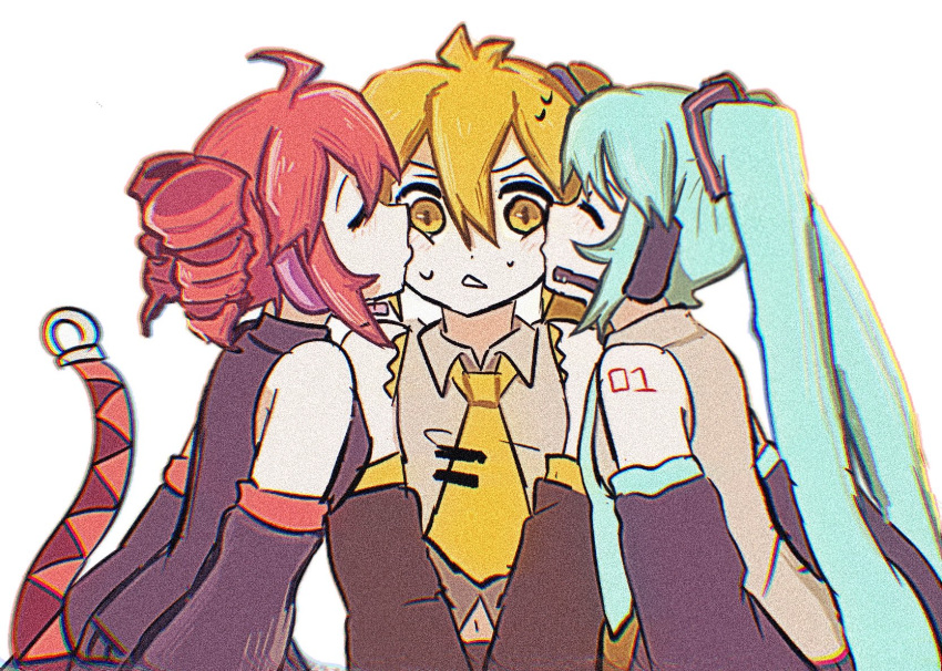 3girls, ahoge, akita_neru, aqua_hair, black_shirt, blonde_hair, detached_sleeves, double_cheek_kiss, drill_hair, girl_sandwich, hatsune_miku, highres, kasane_teto, kasane_teto_(utau), kiss, kissing_cheek, lod_(lodddd), long_hair, multiple_girls, necktie, pink_hair, sandwiched, shirt, side_ponytail, triple_baka_(group), twin_drills, twintails, utau, very_long_hair, vocaloid, yellow_eyes, yellow_necktie, yuri
