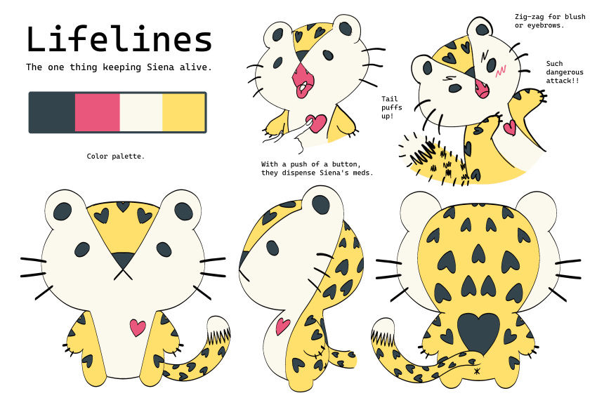 absurdres, animal, animal_ears, anus, black_fur, blush, concept_art, english_text, heart, heartsync, highres, leopard, leopard_ears, leopard_tail, lifeline_(siena_olena), multiple_expressions, non-web_source, pill, reference_sheet, solo, tail, whiskers, white_background, white_fur, yellow_fur
