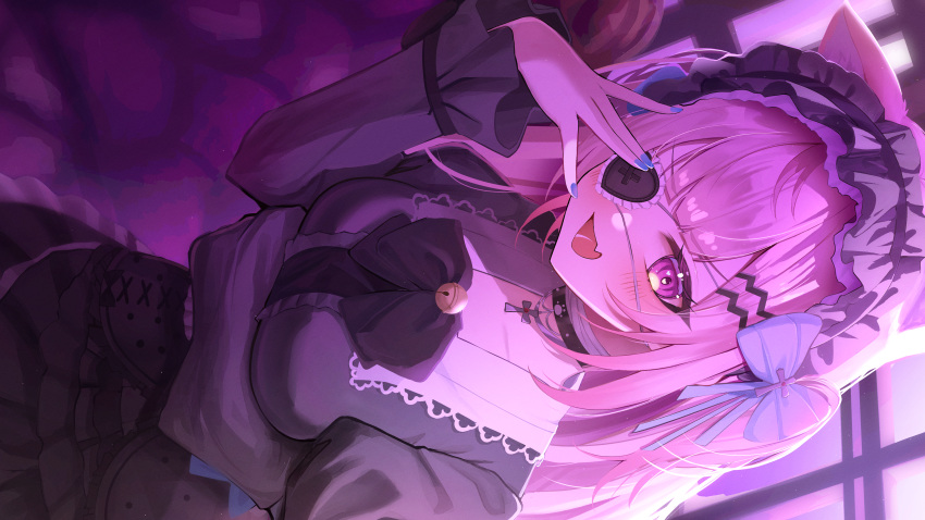 1girl, absurdres, animal_ears, arm_under_breasts, bandaged_neck, bandages, bell, black_bow