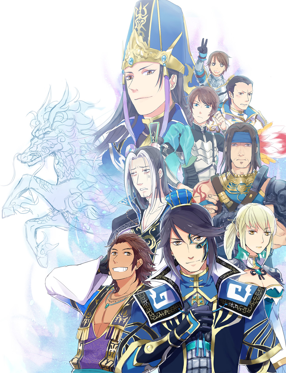 armor, bad_id, blonde_hair, blue_eyes, breasts, brown_eyes, brown_hair, chinese_clothes, cleavage, deng_ai, everyone, guo_hai, guo_huai, hat, highres, long_hair, multicolored_hair, ponytail, sen_nai, shin_sangoku_musou, sima_shi, sima_yi, sima_zhao, teeth, two-tone_hair, two-toned_hair, v, wang_yuanji, xiahou_ba, zhong_hui, zhuge_dan