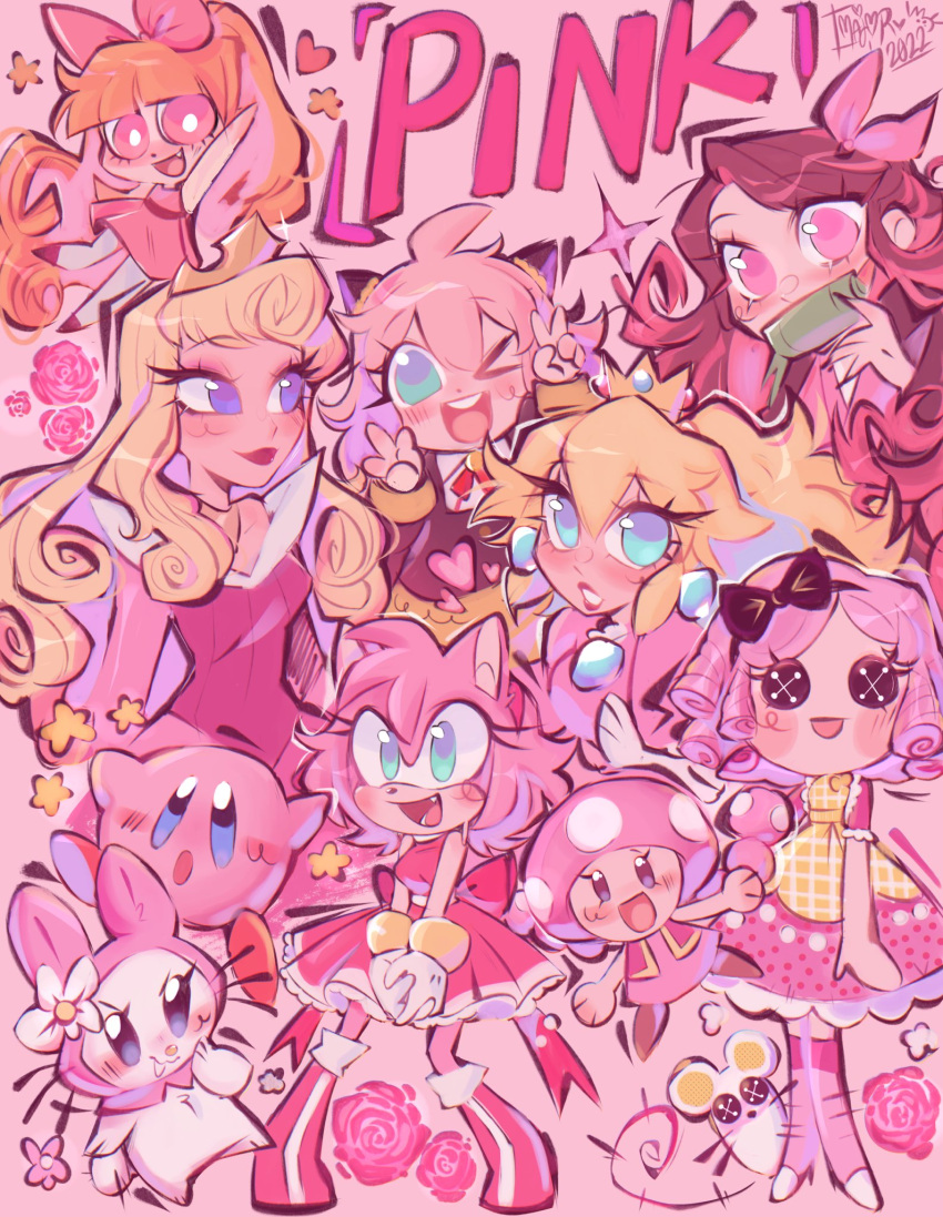 2022, 6+girls, :d, amy_rose, animal_nose, anya_(spy_x_family), aurora_(disney), bamboo, bit_gag, black_hair, blonde_hair, blossom_(ppg), blue_eyes, bow, child, color_connection, crossover, crown, crumbs_sugar_cookie, dress, earrings, flower, furry, furry_female, gag, gagged, gold_crown, hair_bow, hairpods, heart, hedgehog_girl, highres, japanese_clothes, jewelry, kamado_nezuko, kimono, kirby, kirby_(series), lalaloopsy, majo_r_(tricksterbear), makeup, mouse_(animal), multiple_crossover, multiple_girls, my_melody, my_melody_(series), one_eye_closed, orange_hair, pink_dress, pink_eyes, pink_flower, pink_fur, pink_hair, pink_hood, pink_kimono, pink_ribbon, pink_rose, pink_theme, pointed_crown, powerpuff_girls, princess, princess_peach, red_lips, ribbon, rose, sanrio, signature, sleeping_beauty_(disney), smile, sonic_(series), sphere_earrings, spy_x_family, star_(symbol), super_mario_bros., tiara, toadette