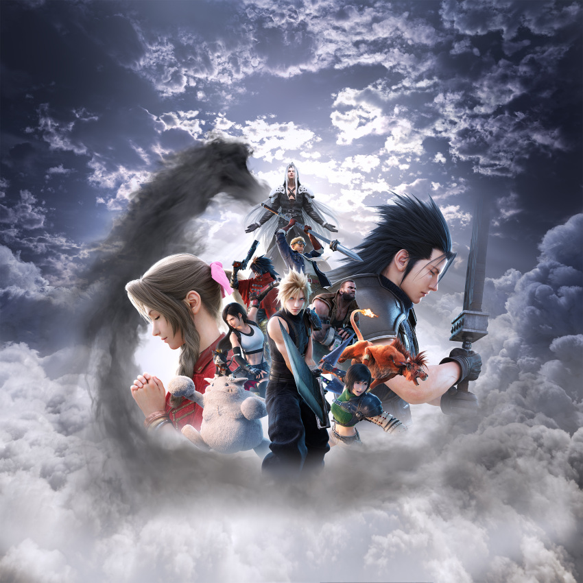 3girls, 6+boys, aerith_gainsborough, barret_wallace, buster_sword, cait_sith_(final_fantasy), cid_highwind, cloud_strife, copyright_name, fighting_stance, final_fantasy, final_fantasy_vii, final_fantasy_vii_remake, final_fantasy_vii_revelation, highres, key_visual, looking_at_viewer, moogle, multiple_boys, multiple_girls, non-web_source, official_art, polearm, promotional_art, red_xiii, sephiroth, single_wing, spear, spiky_hair, sword, tifa_lockhart, vincent_valentine, weapon, wings, yuffie_kisaragi, zack_fair