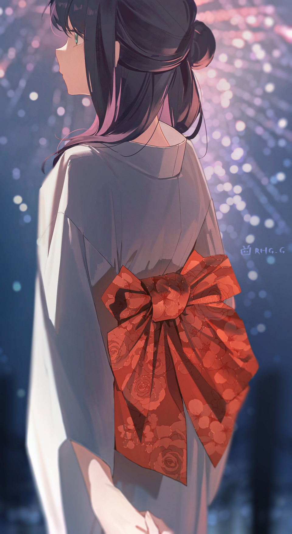 1girl, aerial_fireworks, back_bow, bilibili_logo, black_hair, blurry, blurry_background, bow
