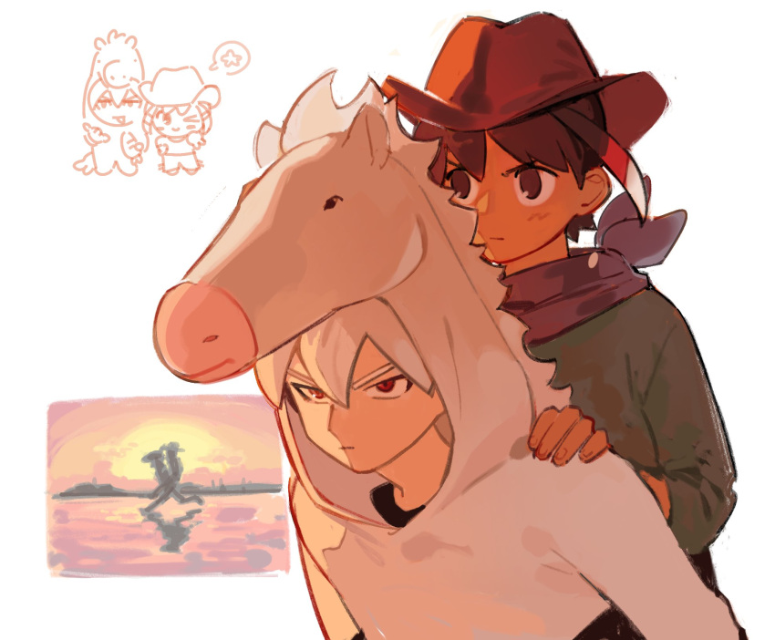 2boys, animal_costume, bandana, bandana_around_neck, black_bandana, black_eyes, black_hair, brown_hat, carrying, closed_mouth, commentary, cowboy_hat, doodle_inset, english_commentary, green_shirt, hakuryuu_(inazuma_eleven), hand_on_another's_shoulder, hat, highres, hood, horse_costume, inawiwi, inazuma_eleven_(series), inazuma_eleven_cross, looking_ahead, male_focus, multicolored_hair, multiple_boys, official_alternate_costume, piggyback, red_eyes, red_streaks, serious, shirt, shuu_(inazuma_eleven), solid_circle_pupils, streaked_hair, upper_body, white_hair, white_streaks