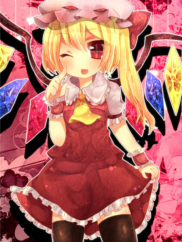 ascot, bad_id, black_legwear, blonde_hair, blush, fang, flandre_scarlet, hat