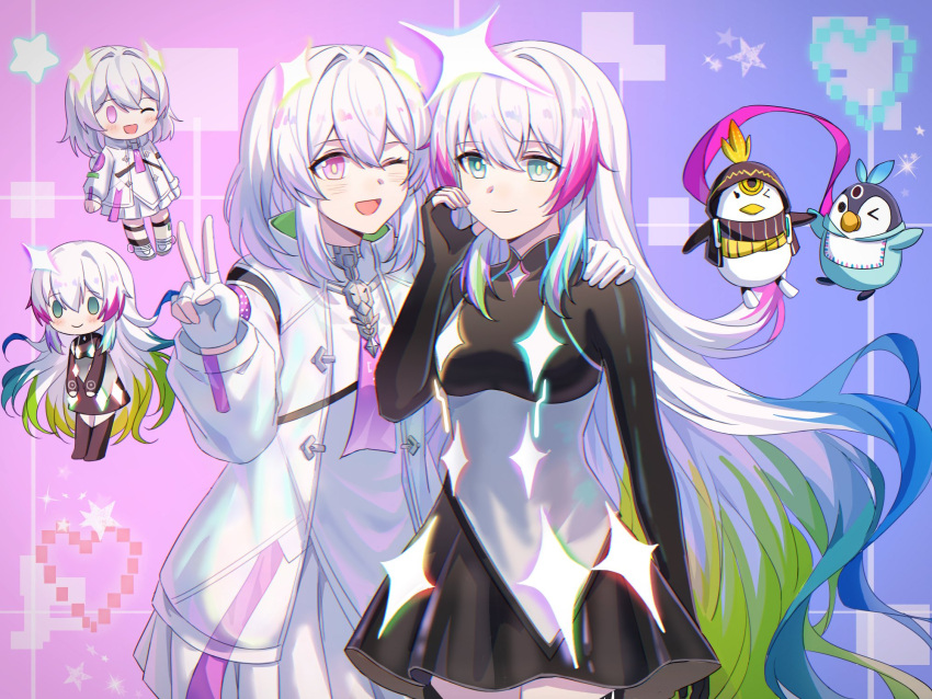 2girls, atsuhito_1868, black_dress, chibi, chuni_penguin, chunithm, closed_mouth, dress