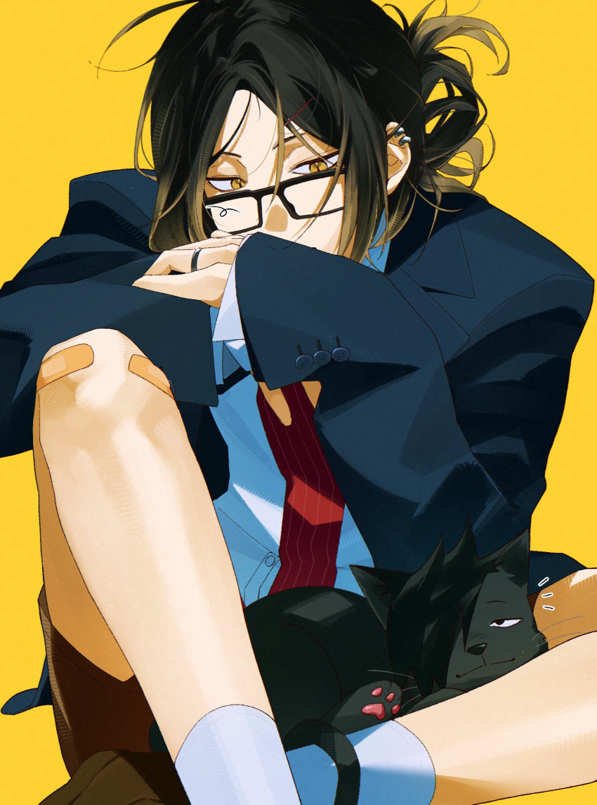 1boy, animal, animalization, arm_on_knee, bandaid, bandaid_on_knee, bandaid_on_leg, bespectacled, black-framed_eyewear, black_cat, black_hair, blonde_hair, buttons, cat, commentary_request, ear_piercing, glasses, haikyuu!!, highres, jacket, jewelry, knee_up, korean_commentary, kozume_kenma, kuroo_tetsurou, looking_at_viewer, male_focus, multicolored_hair, necktie, open_clothes, open_jacket, orang_0182, orange_background, piercing, rectangular_eyewear, red_necktie, red_shorts, ring, short_hair, shorts, simple_background, sitting, socks, solo, striped_clothes, striped_necktie, two-tone_hair, vertical-striped_clothes, vertical-striped_necktie, wedding_ring, white_socks, yellow_eyes