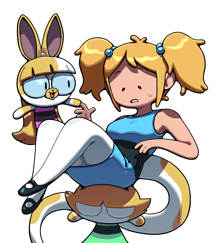 2girls, adventure_time, adventure_time:_fionna_and_cake, blonde_hair, blossom_(ppg), blossom_(ppg)_(cosplay), blunt_bangs, bubbles_(ppg)