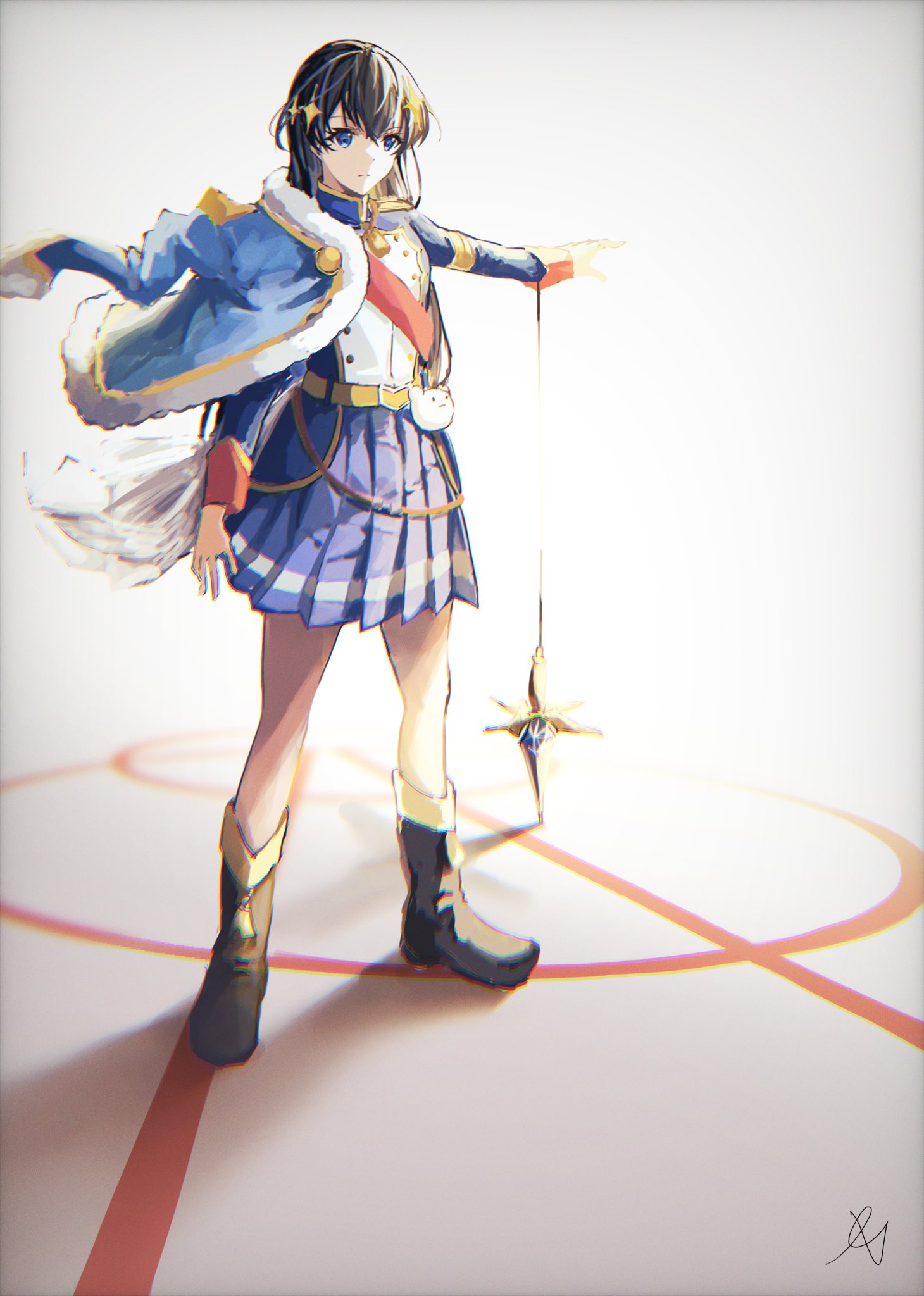1girl, aoi_hane, arm_at_side, belt, belt_buckle, black_boots, black_hair, blossom_bright_(dagger)