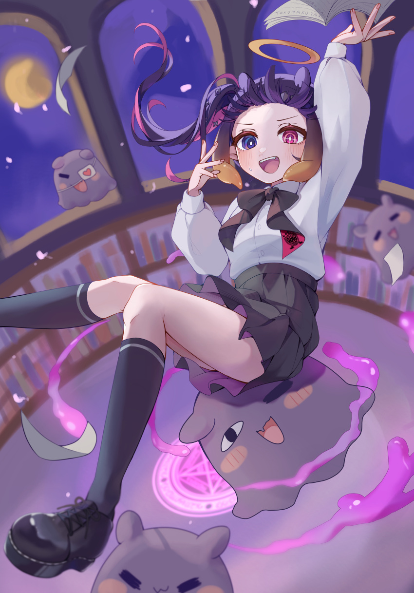 1girl, :d, absurdres, black_bow, black_bowtie, black_eyes, black_hair, black_shoes