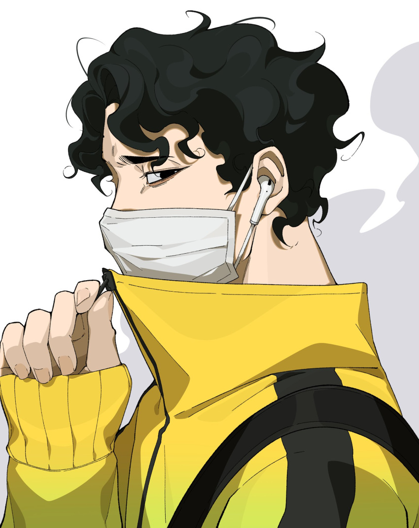 1boy, bag, black_eyes, black_hair, commentary_request, earphones, fingernails, from_side, grey_background, haikyuu!!, high_collar, highres, holding_zipper_pull_tab, jacket, korean_commentary, looking_to_the_side, male_focus, mask, messy_hair, mouth_mask, orang_0182, sakusa_kiyoomi, short_hair, shoulder_bag, simple_background, solo, wavy_hair, yellow_jacket, zipper_pull_tab