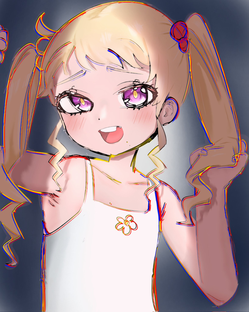 1girl, aged_down, blonde_hair, blush, broken_tooth, grabbing_own_hair, grey_background, heartsync, highres, holding_own_hair, looking_at_viewer, mole, mole_on_chest, mole_under_mouth, open_mouth, siena_olena, siena_olena_(artist), solo, tongue, twintails, violet_eyes, virtual_youtuber, yellow_pupils, yoshinagayiyi