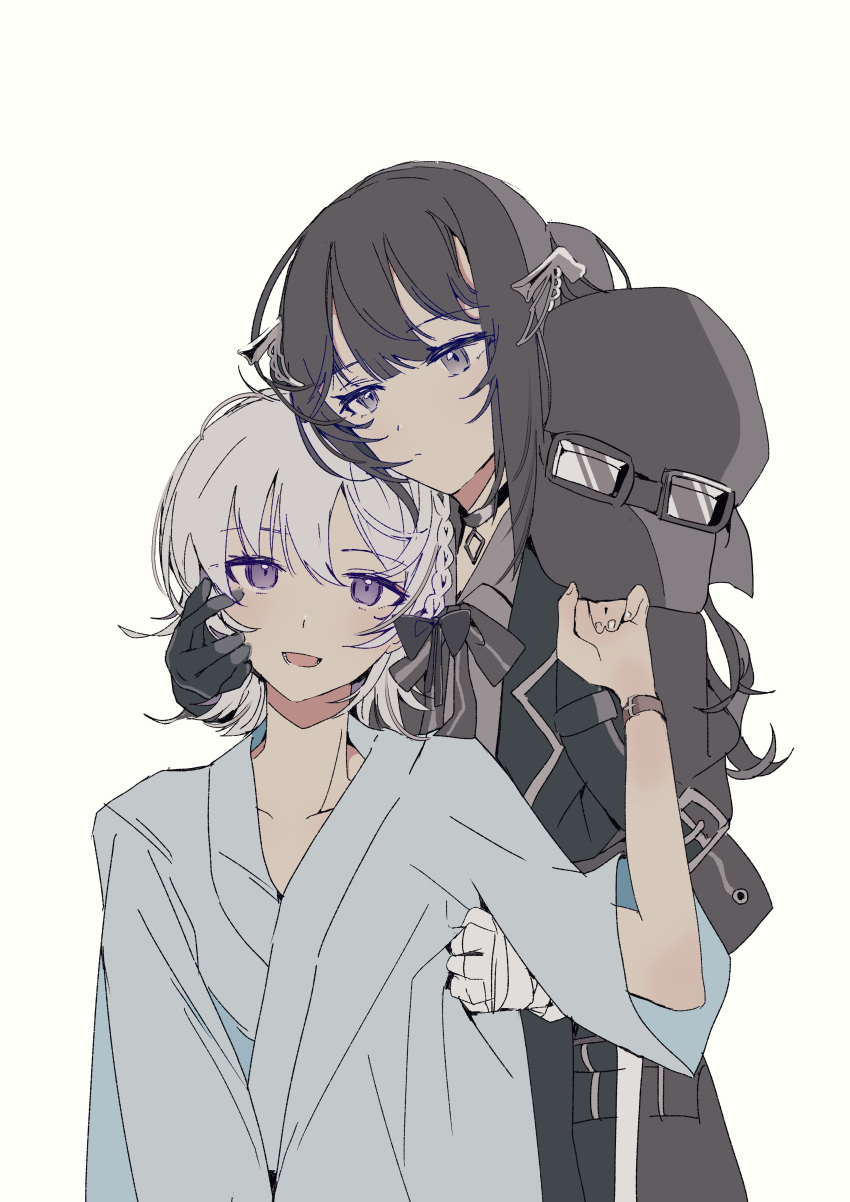 2girls, absurdres, arm_belt, asymmetrical_gloves, bandaged_arm, bandaged_hand, bandages, black_bow