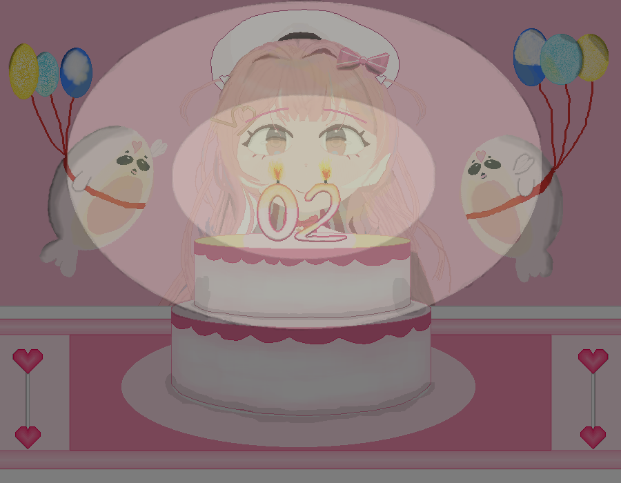 ._., 1girl, 2others, :3, balloon, beret, birthday, birthday_cake