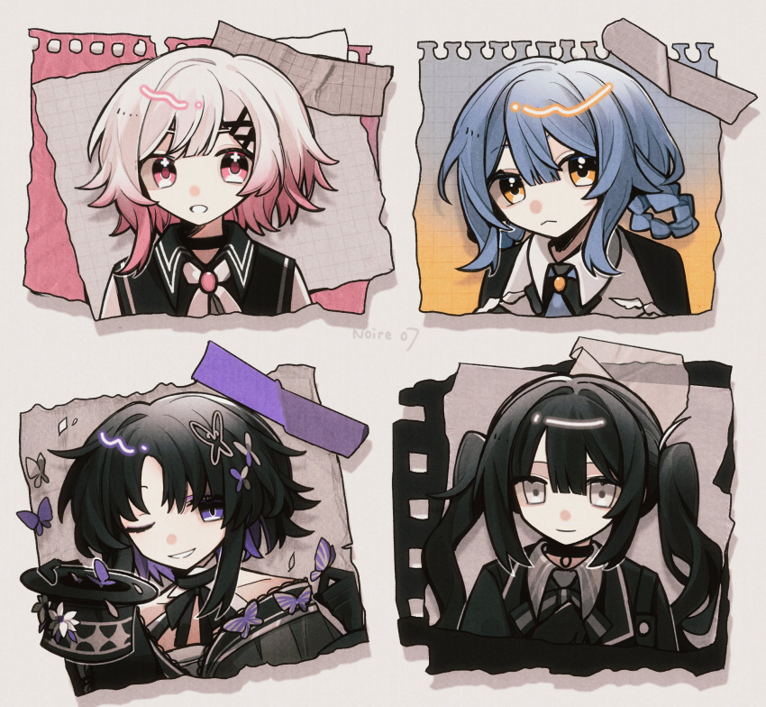 4girls, artist_name, bare_shoulders, black_bow, black_bowtie, black_capelet, black_choker, black_coat