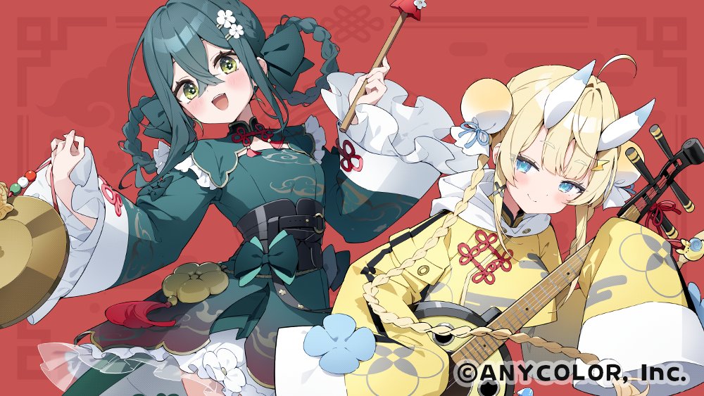 2girls, :d, ahoge, blonde_hair, blue_eyes, blue_horns, blush, bow