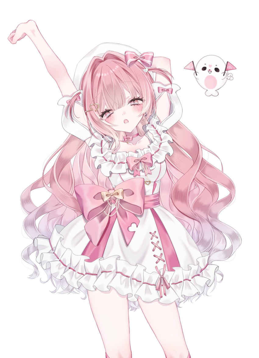 ._., 1girl, 1other, arm_bow, beret, blush, bow, bow_choker, breasts, cheering, chest_bow, choker, commentary, cupid, cupii_(kumu_cotton), dress, e!_(rno_hys), english_commentary, flag, gold_bow, hair_bow, hair_ornament, hat, heart, heart_hair_ornament, heartsync, highres, kumu_cotton, off-shoulder_dress, off_shoulder, open_mouth, pink_bow, pink_choker, pink_flag, puffy_short_sleeves, puffy_sleeves, seal_(animal), short_sleeves, small_breasts, virtual_youtuber, waist_bow, white_background, white_dress, wings