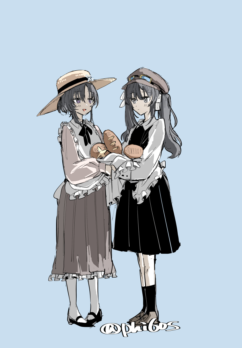 2girls, absurdres, alternate_costume, apron, artist_name, black_dress, black_hair, black_ribbon