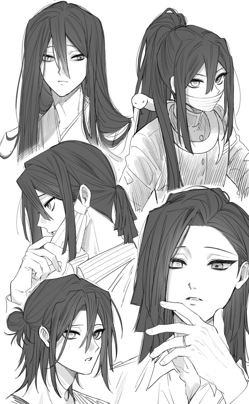 2ixkl18968, alternate_breast_size_(larger), alternate_hairstyle, animal_around_neck, bandages_over_mouth, closed_mouth, demon_slayer_uniform, greyscale