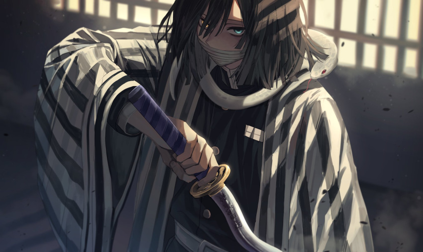 1boy, 2ixkl18968, albino_animal, animal_around_neck, bandage_on_face, bandages, bandages_over_mouth, black_hair, demon_slayer_uniform, green_eyes, haori, heterochromia, highres, holding, holding_sword, holding_weapon, iguro_obanai, indoors, japanese_clothes, kaburamaru, kimetsu_no_yaiba, kishimen_hair, long_sleeves, looking_at_viewer, male_focus, medium_hair, prison_cell, serious, snake, snake_wrapped_around_neck, solo, striped_haori, sword, sword_writing, weapon, white_haori, white_snake, yellow_eyes