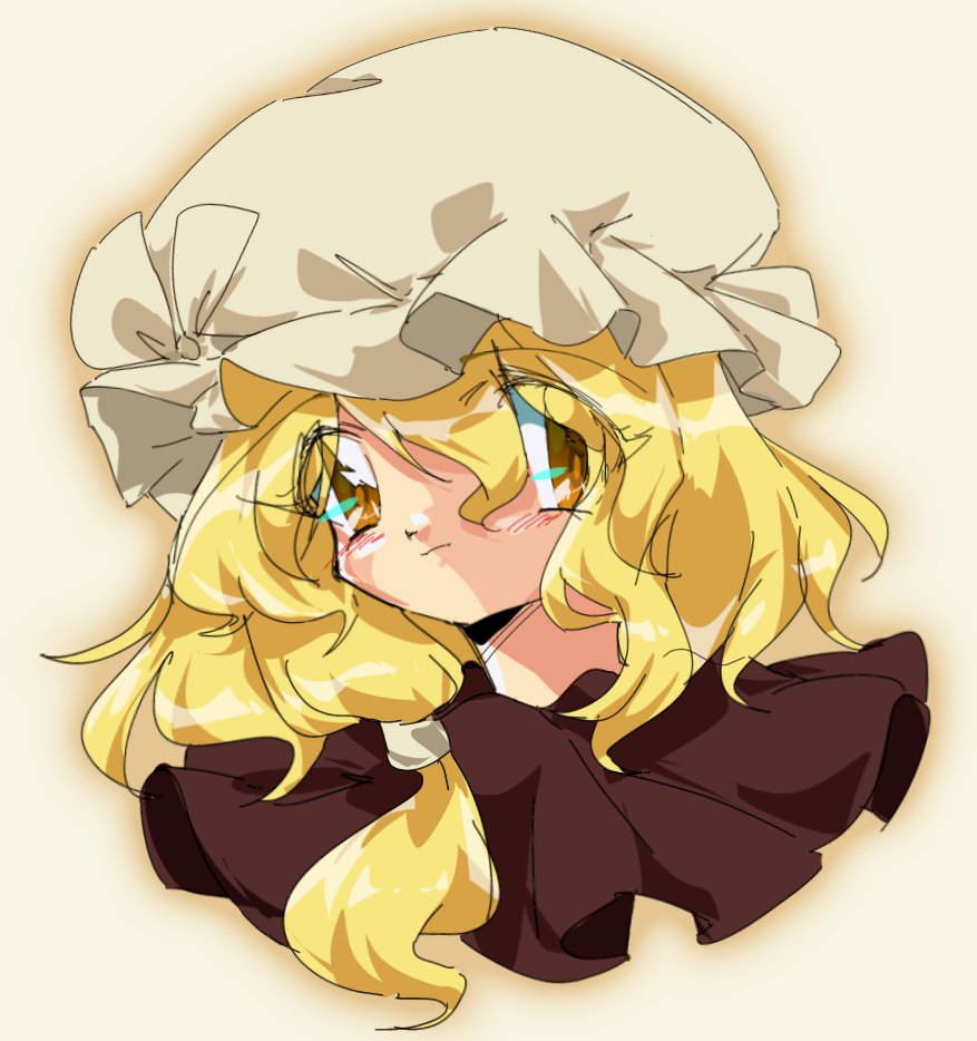 1girl, asymmetrical_sidelocks, blonde_hair, blush, commentary_request, cropped_head, hat, looking_at_viewer