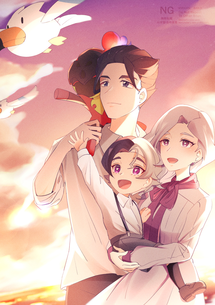 1girl, 2boys, :d, absurdres, aged_down, amethio_(pokemon), black_hair, bright_pupils