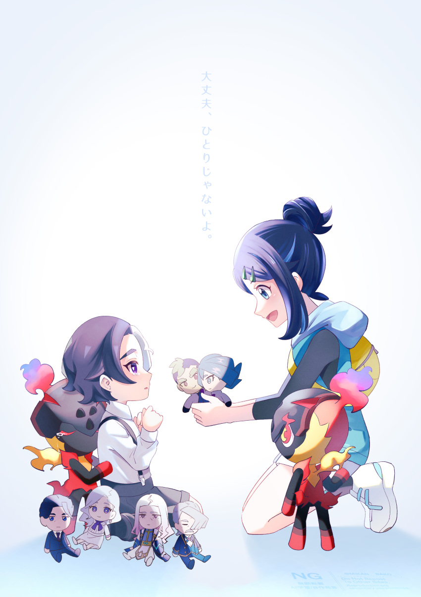 1boy, 1girl, :d, absurdres, aged_down, amethio_(pokemon), bag, black_hair