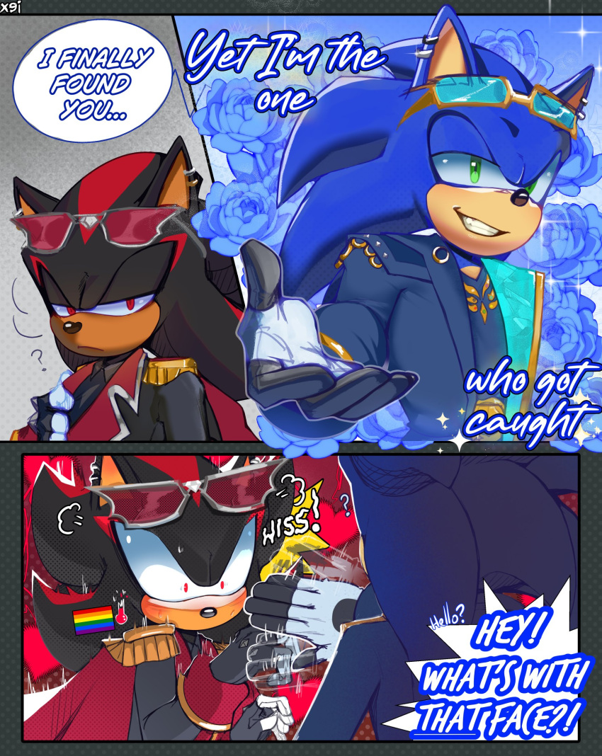 2boys, closed_mouth, commentary, english_commentary, english_text, eyewear_on_head, furry, furry_male, grin, highres, looking_at_another, male_focus, multiple_boys, official_alternate_costume, rainbow_flag, shadow_the_hedgehog, shady_tr, smile, sonic_(series), sonic_the_hedgehog, speech_bubble, waving