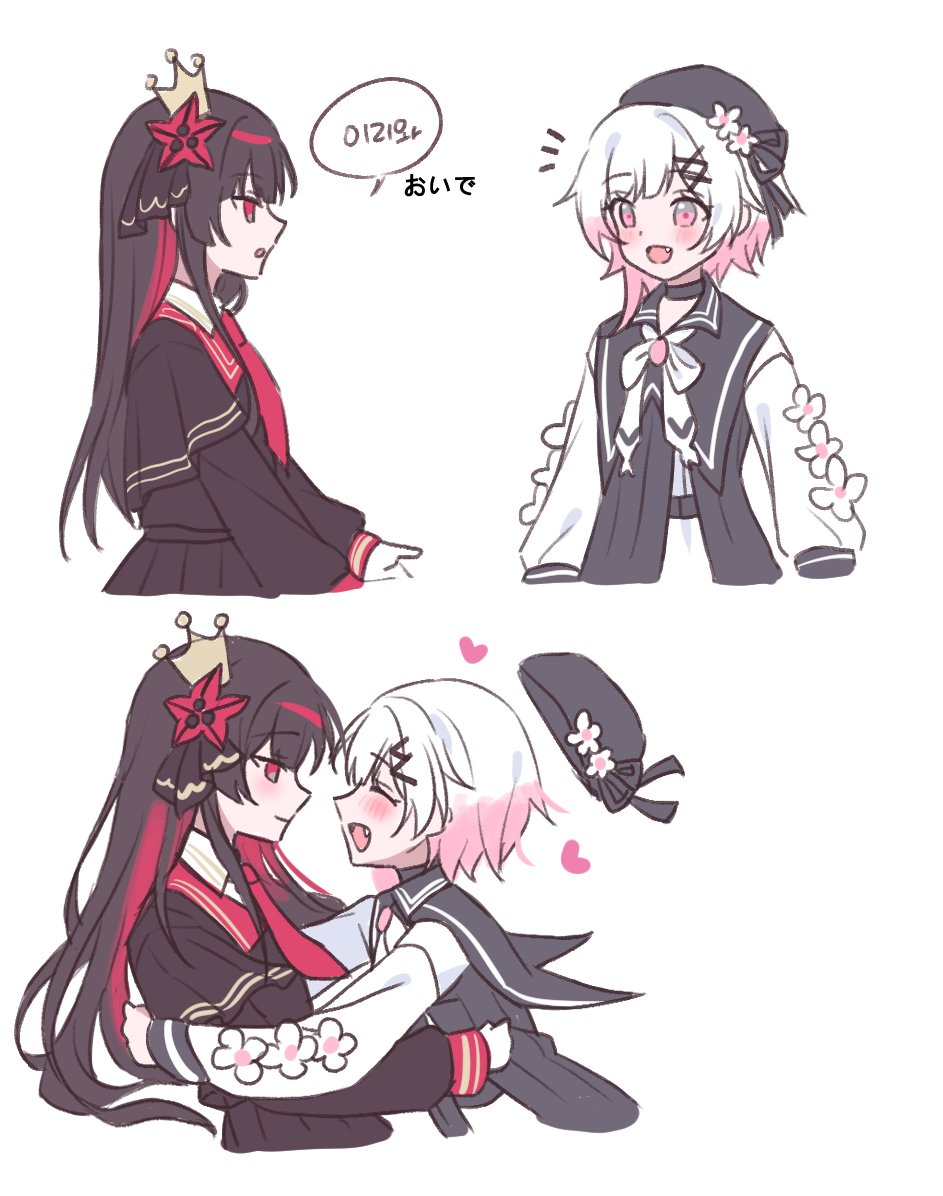 2girls, belt, beret, black_capelet, black_choker, black_coat, black_hair, black_hat