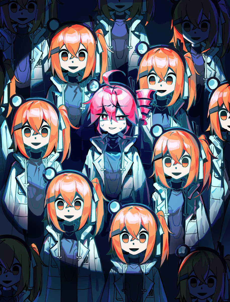 6+girls, a.i._voice, adachi_rei, adachi_rei_(cosplay), adachi_rei_(utau), ahoge, black_shirt, blank_stare, bright_pupils, clone, commentary_request, cosplay, dot_nose, drill_hair, empty_eyes, hair_between_eyes, hair_ornament, hairband, hairclip, headlamp, highres, jacket, kasane_teto, multiple_girls, odd_one_out, open_clothes, open_jacket, open_mouth, orange_eyes, orange_hair, red_eyes, red_hair, shirt, side_ponytail, single_drill, spotlight, sweatdrop, utau, white_jacket, white_pupils, wifi12341234