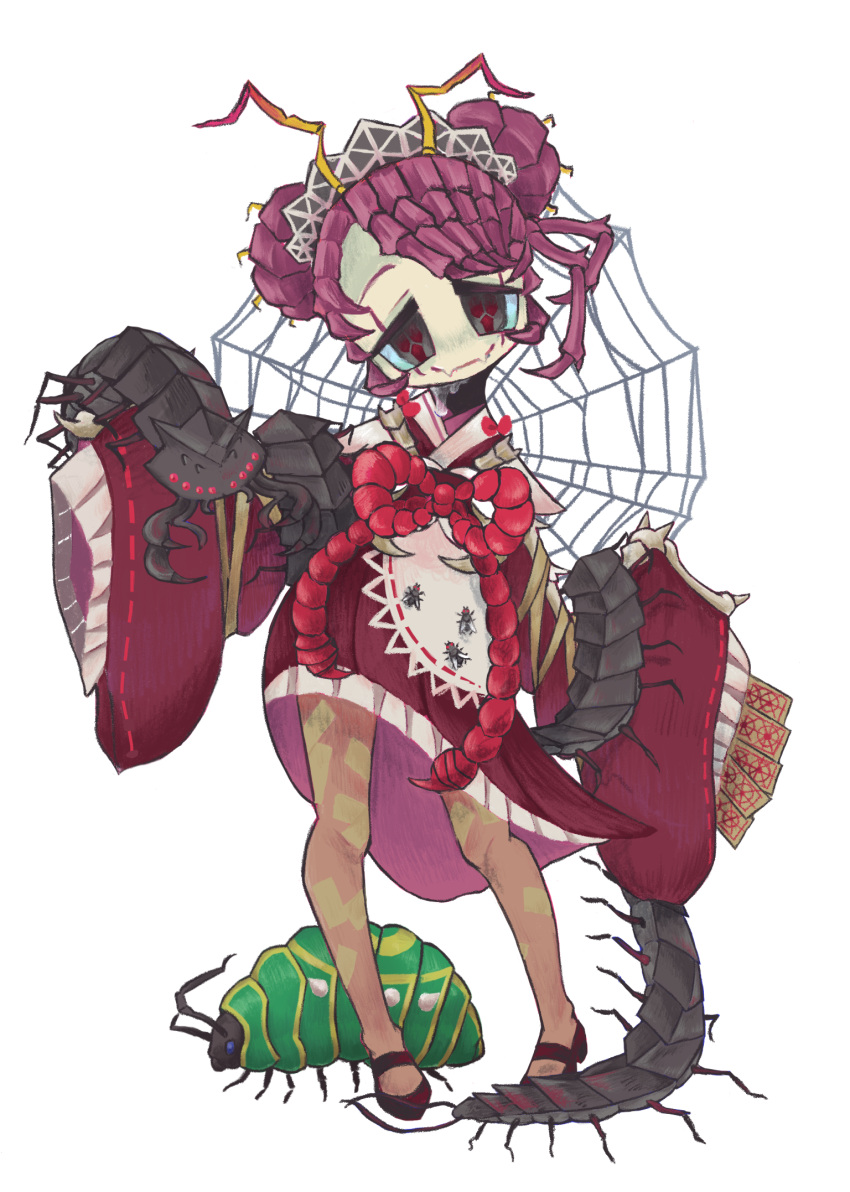 1girl, 38red, antennae, arthropod_girl, blue_eyes, bow, bug, commentary_request, entoma_vasilissa_zeta, fangs, fly, highres, overlord_(maruyama), red_bow, red_eyes, silk, simple_background, skin_fangs, smile, spider_web