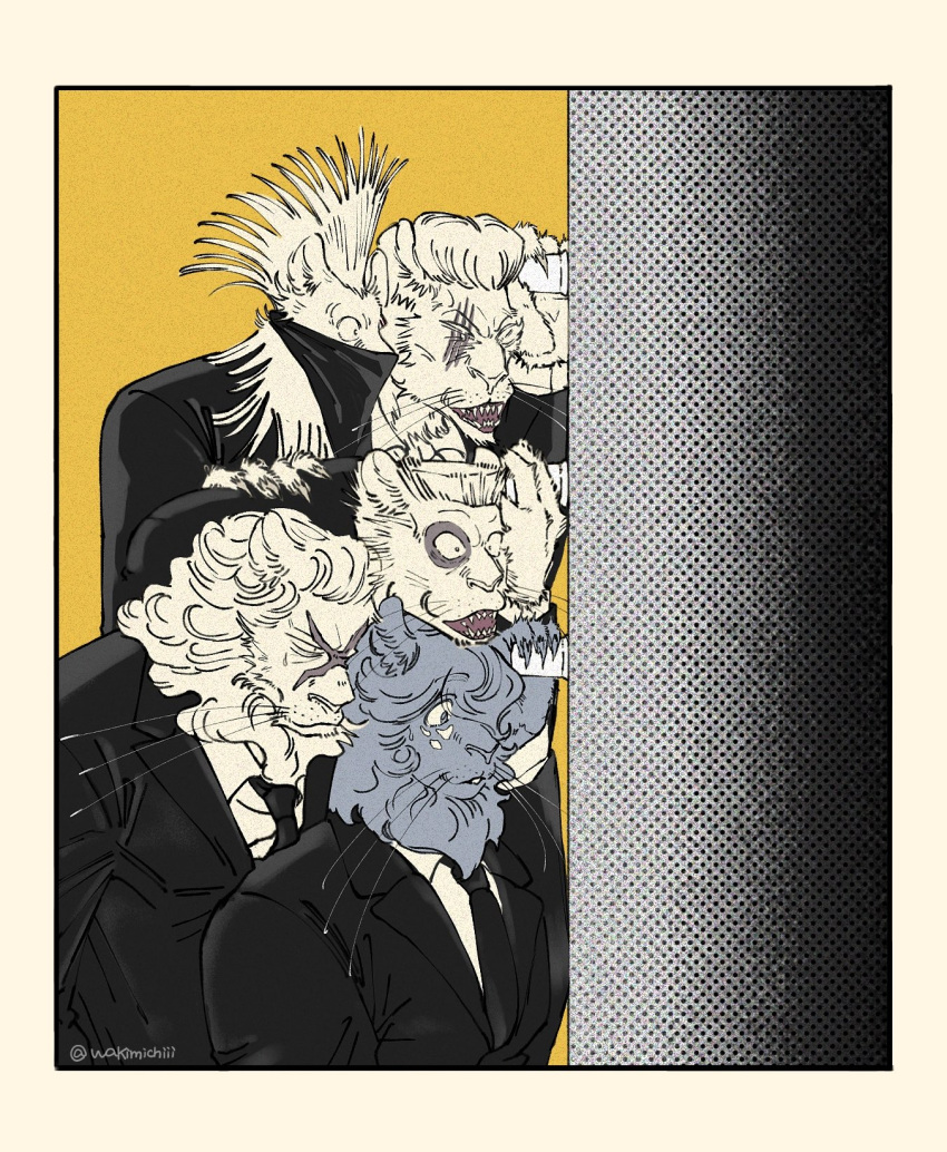 5boys, against_wall, agata_(beastars), animal_ears, artist_name, bandana, bandana_over_mouth, beastars