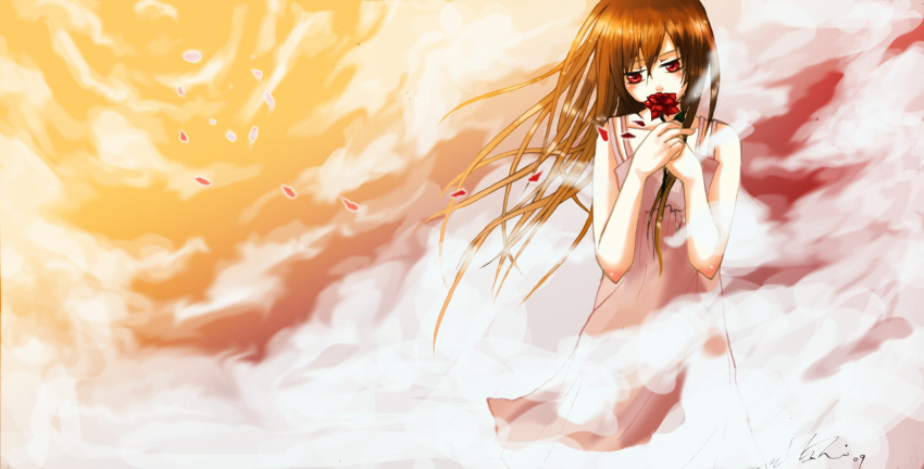brown_hair, dress, flower, flowers, long_hair, rose, signed, sky