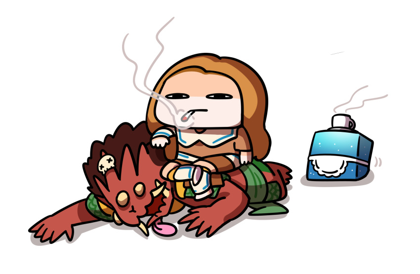 1girl, apron, begtse_(god_of_war), brown_hair, cigarette, commentary, corpse, crossed_legs, cup, faye_(god_of_war), god_of_war, god_of_war_laufey, highres, keenbiscuit, mug, phranque_(god_of_war), saucer, sitting, sitting_on_person, skull_ornament, smoking, tongue, tongue_out