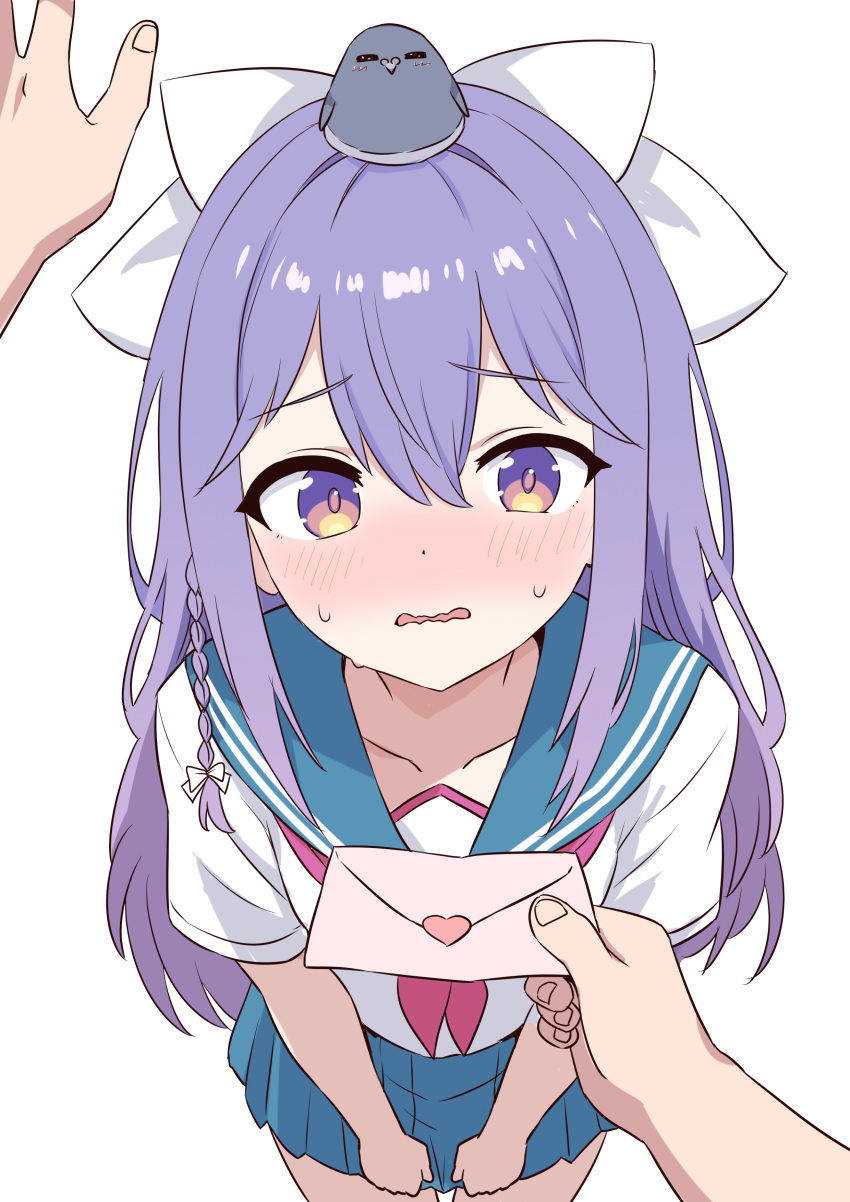 1girl, absurdres, animal_on_head, bird, bird_on_head, blush, bow, braid