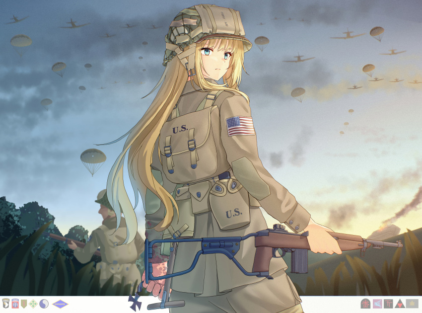1boy, 1girl, absurdres, american_flag, ammunition_pouch, anniversary, aqua_eyes, blonde_hair