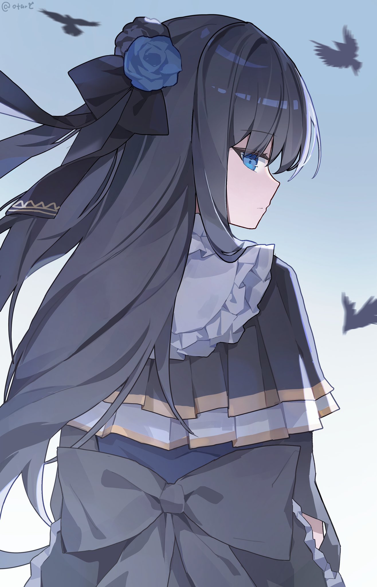 1girl, arcaea, arm_cutout, artist_name, bib_collar, bird, black_capelet, black_dress, black_flower, black_hair, black_rose, blue_eyes, blue_flower, blue_rose, capelet, clothing_cutout, collar, commentary, crow, dress, flower, frilled_collar, frills, gothic_lolita, hair_flower, hair_ornament, hair_ribbon, highres, lolita_fashion, long_hair, long_sleeves, looking_at_viewer, looking_back, otarc, pleated_capelet, ribbon, rose, signature, solo, tairitsu_(arcaea), tairitsu_(grievous_lady)_(arcaea), twitter_username