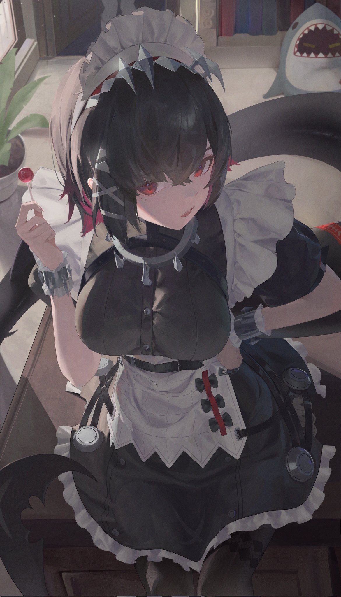 1girl, apron, arts_(90620075), black_dress, black_hair, black_pantyhose, breasts, candy