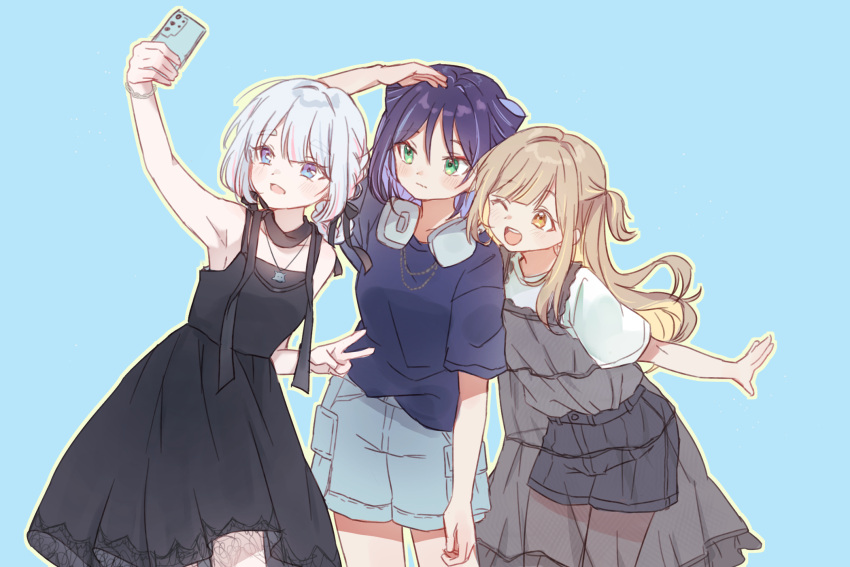 3girls, black_dress, black_ribbon, blue_background, blue_eyes, blue_shirt, blue_shorts, blush