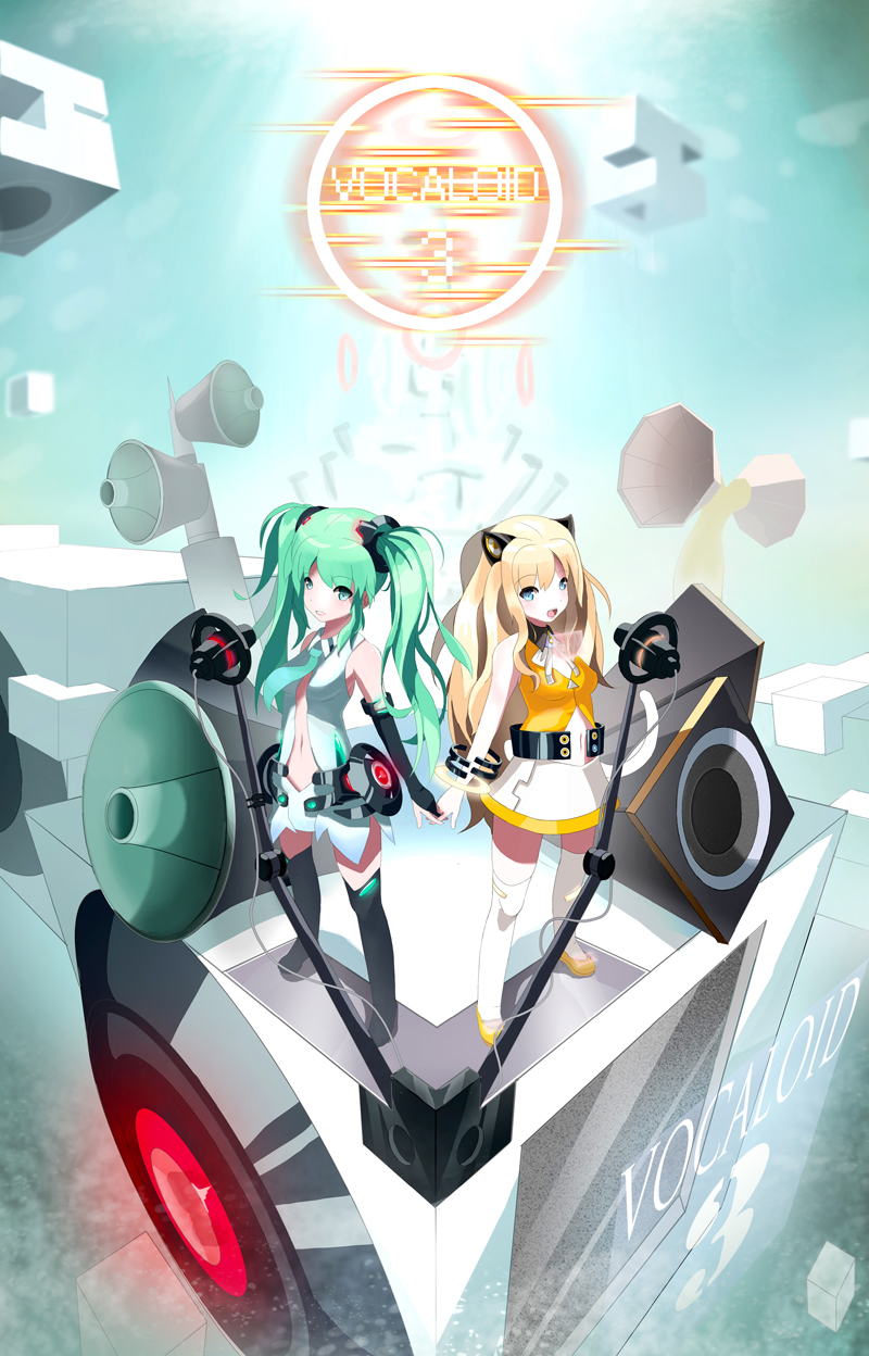 animal_ears, aqua_eyes, aqua_hair, bad_id, bare_shoulders, belt, blonde_hair, blue_eyes