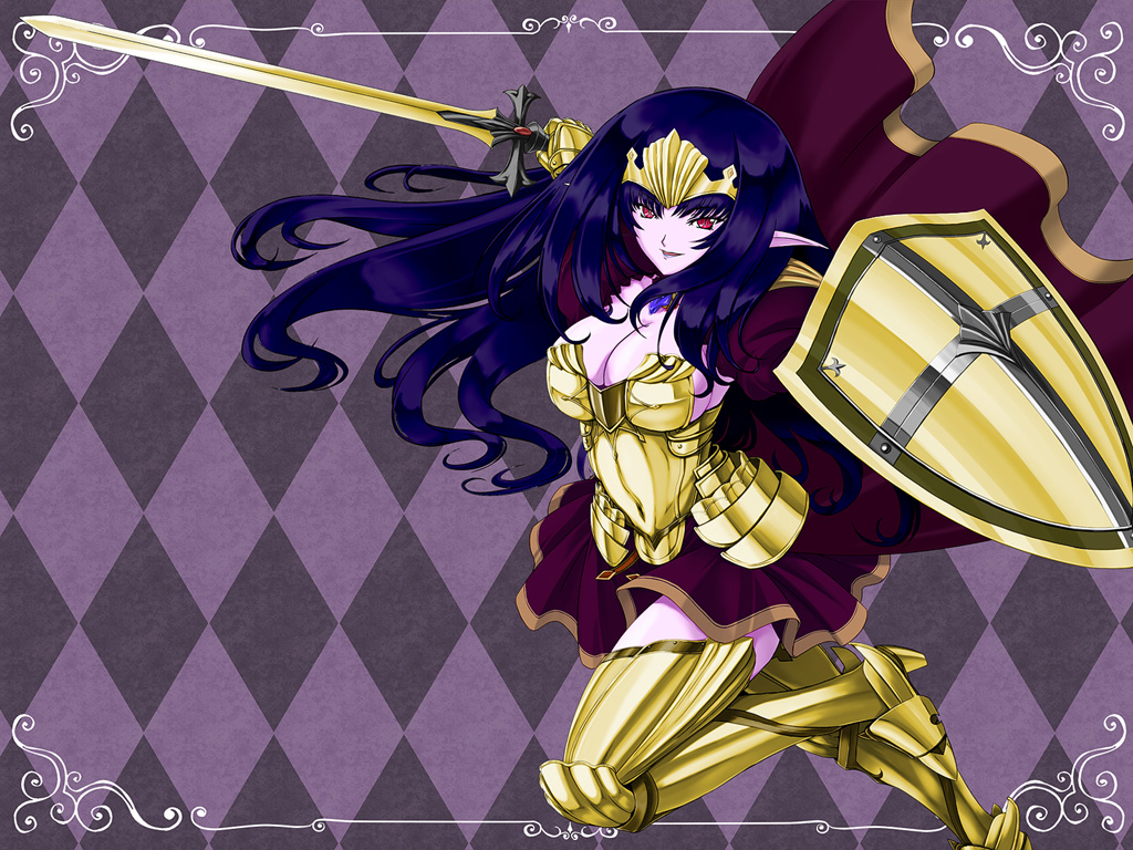 1girl, alternate_color, annelotte, argyle, argyle_background, armor, armored_dress, boots, breasts, cape, cleavage, dark_persona, female, gauntlets, inoino, large_breasts, legs, lipstick, long_hair, makeup, pale_skin, pointy_ears, purple_background, purple_hair, purple_skin, queen's_blade, queen's_blade_rebellion, red_eyes, shield, sideboob, solo, sword, thigh-highs, thigh_boots, thighhighs, thighs, tiara, weapon