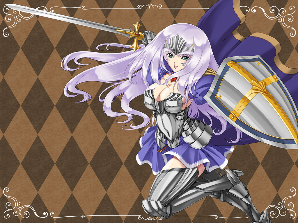 annelotte, argyle, argyle_background, armor, armored_dress, blue_eyes, boots, breasts